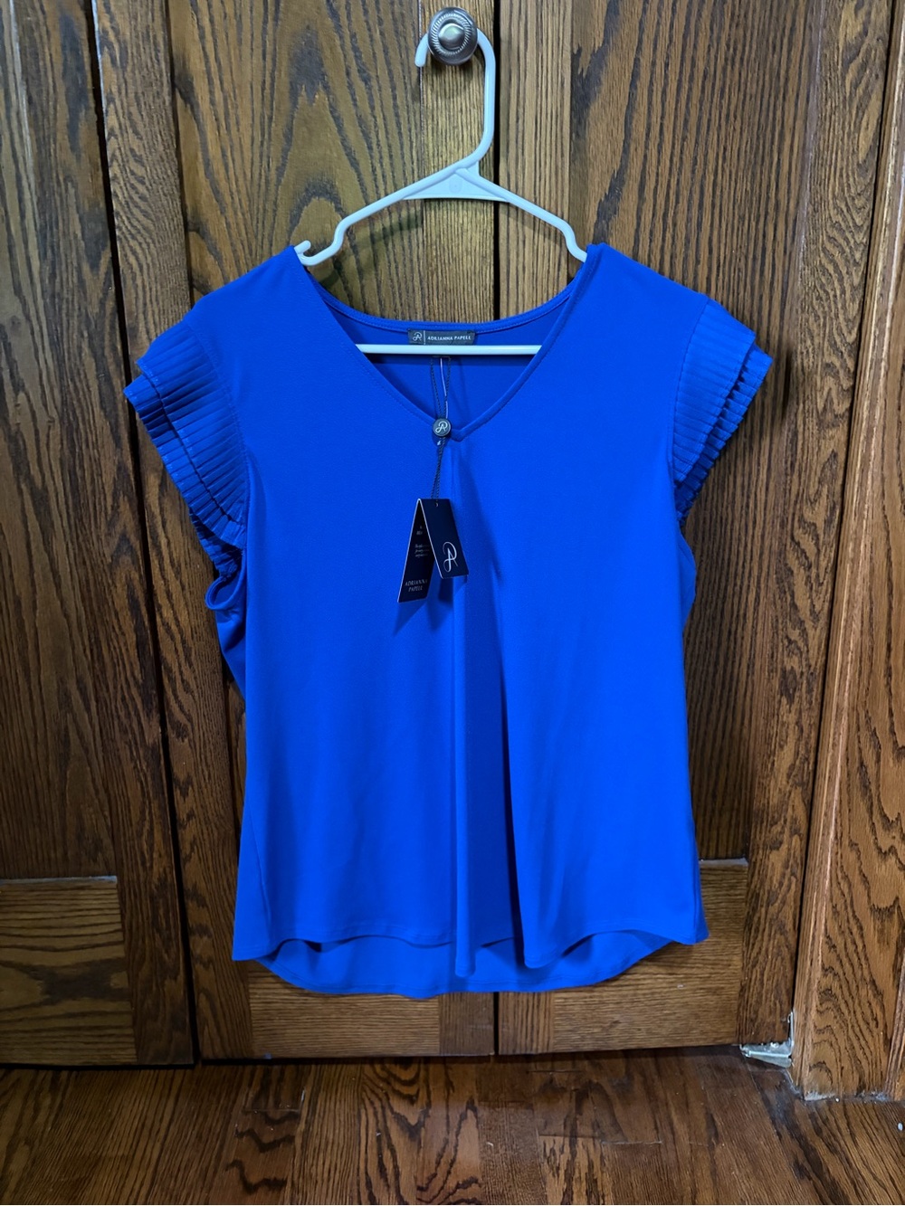 Adrianna Papell Royal Blue V-Neck Pleated Sleeve Blouse